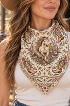 Women wearing a Western style banana with horses, flowers and cowboy boots