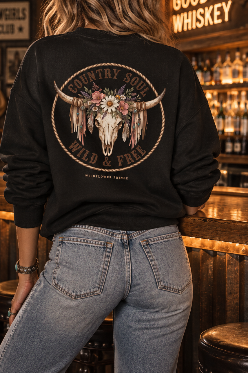 Green Country Soul sweatshirt with Wild & Free floral longhorn skull back print