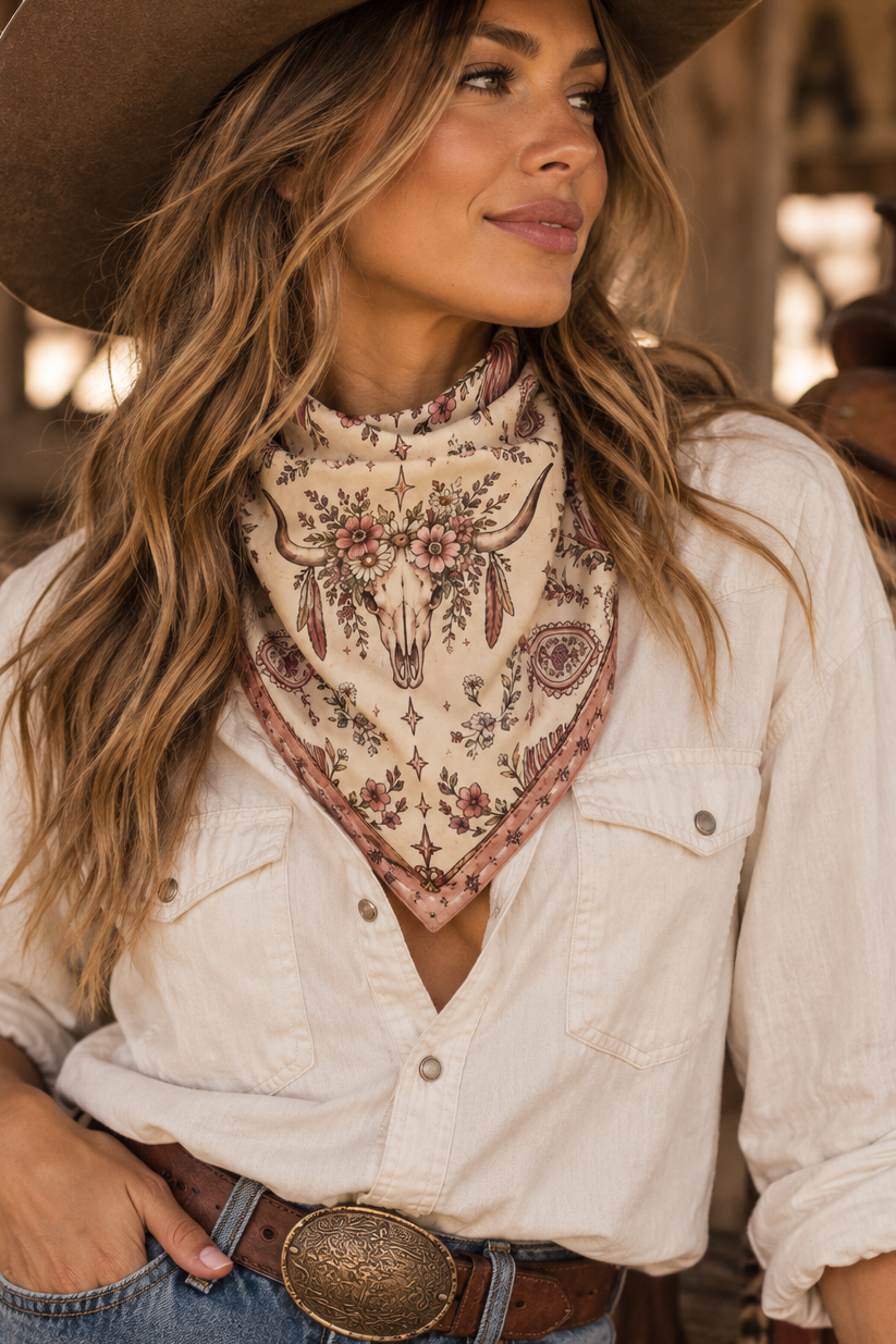 A woman wearing a brown cowboy hat, a cream western shirt, a floral bandana, and blue jeans, posed in a rustic indoor setting with warm lighting. Country Soul Western Bandana with floral cow skull print
