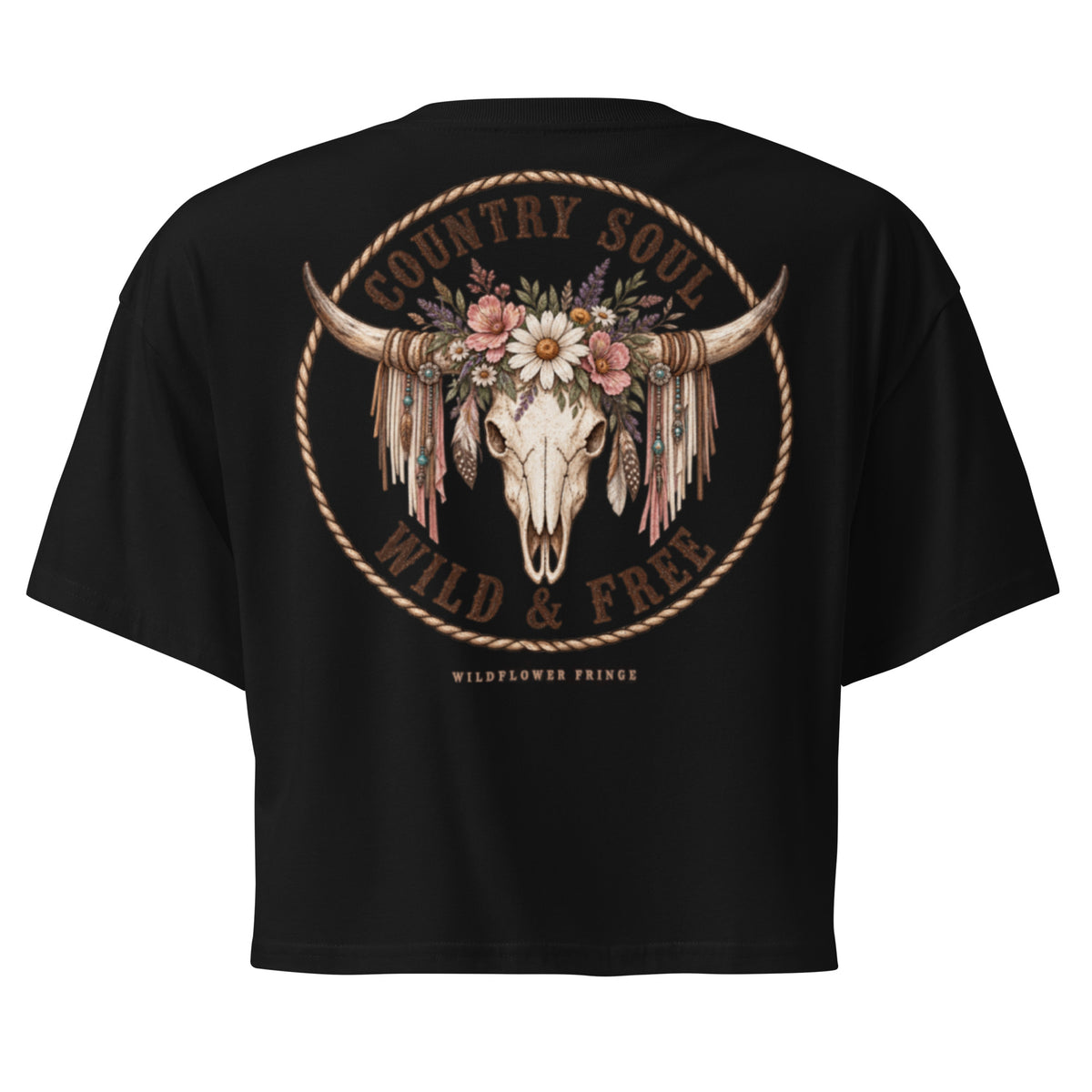 Wild & Free cropped tee with Western floral cow skull back print
