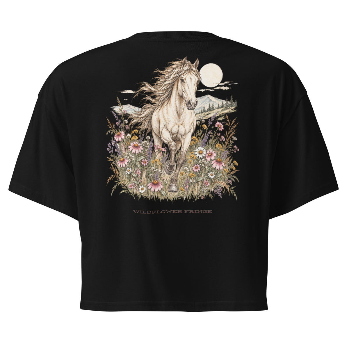 A black short-sleeve crop top shown from the back, featuring a large graphic print of a white horse running through wildflowers under a full moon, with the text 'WILDFLOWER FRANGE' below.