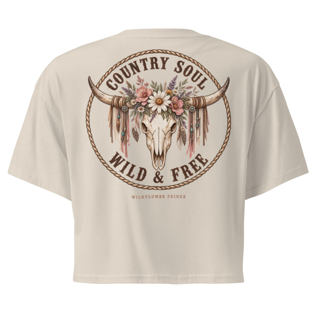 Wild & Free cropped tee with Western floral cow skull back print