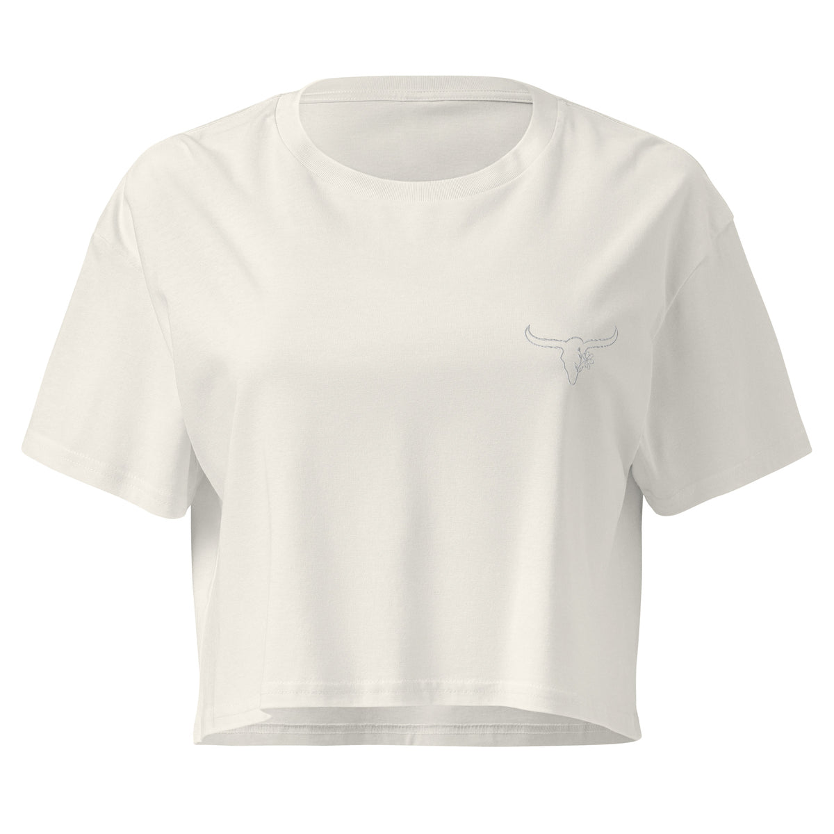 White cropped t-shirt with 'Steadfast' text on a white background
