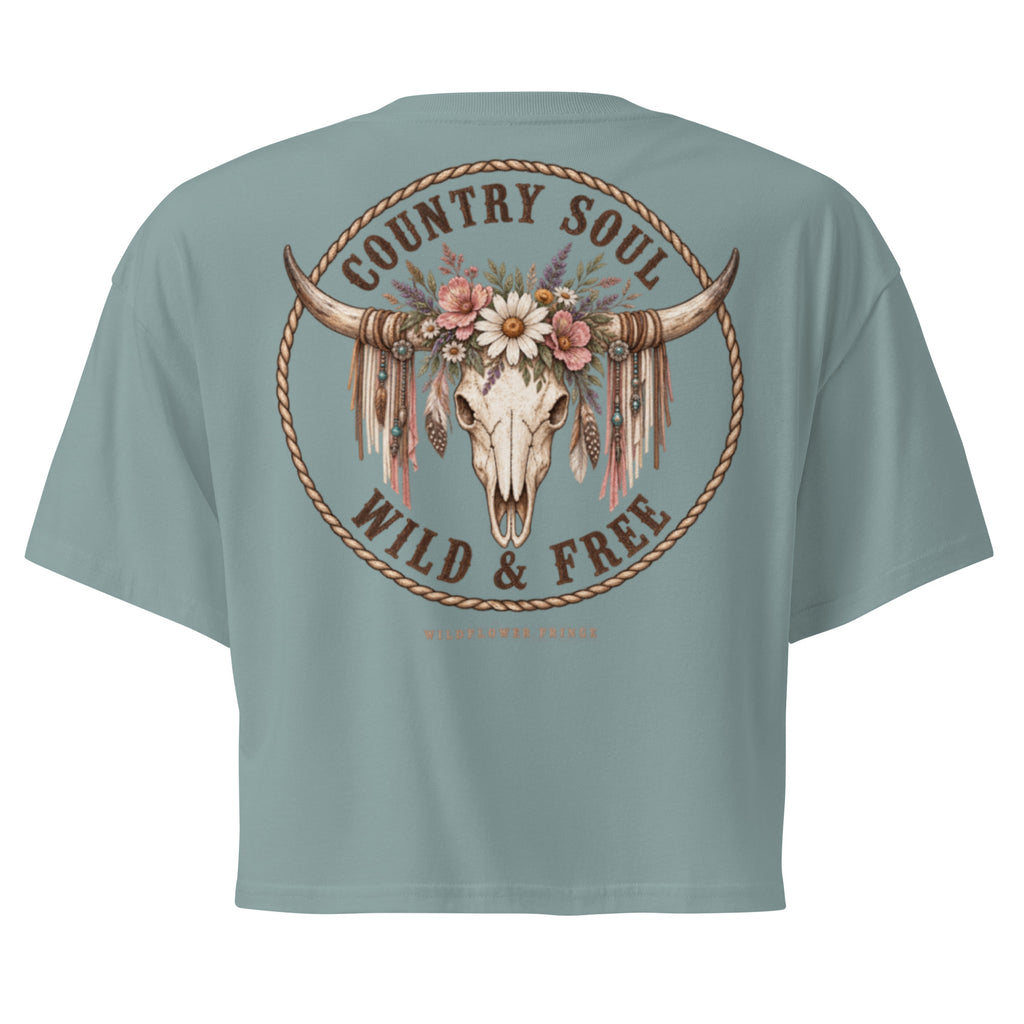 Wild & Free cropped tee with Western floral cow skull back print Teal colour