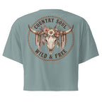 Wild & Free cropped tee with Western floral cow skull back print Teal colour