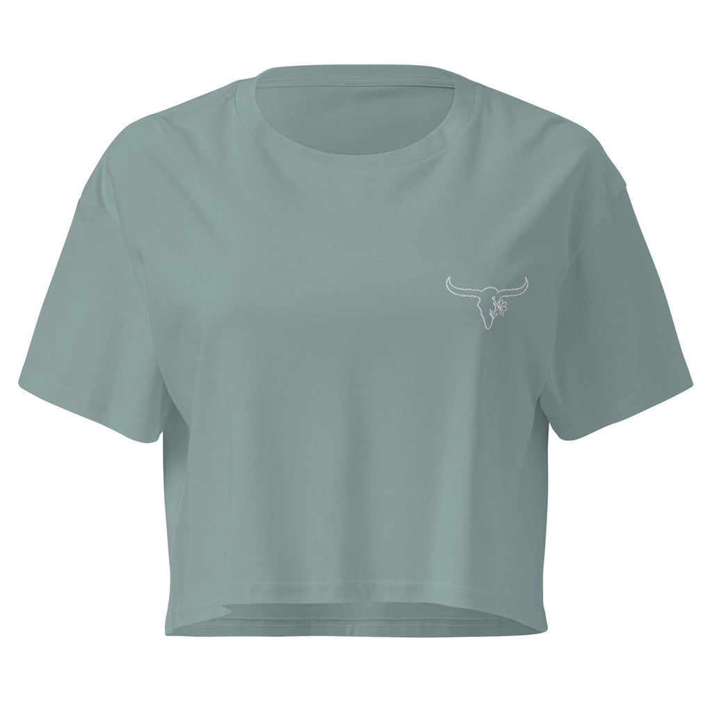 Country Wild & Free cropped tee with embroidered longhorn chest logo