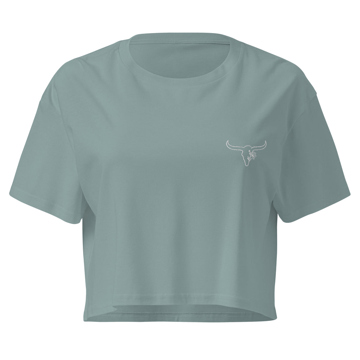 Sage green crop top with cow skull logo 