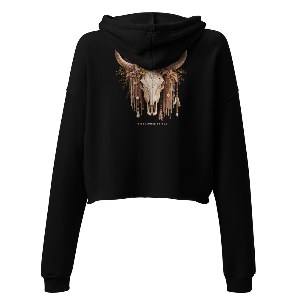 Back view of black cropped hoodie with Wildflower Fringe floral longhorn skull graphic