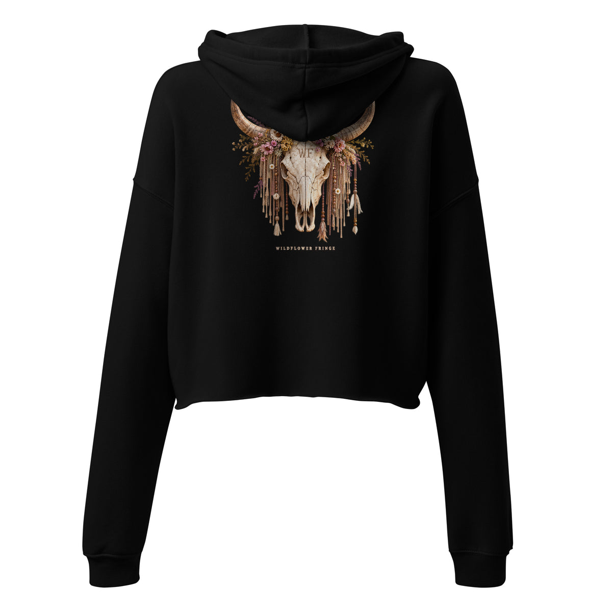 Back view of black cropped hoodie with Wildflower Fringe floral longhorn skull graphic