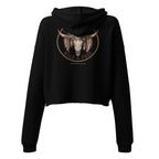 Back of black cropped hoodie with Wild & Free Western longhorn skull and floral graphic