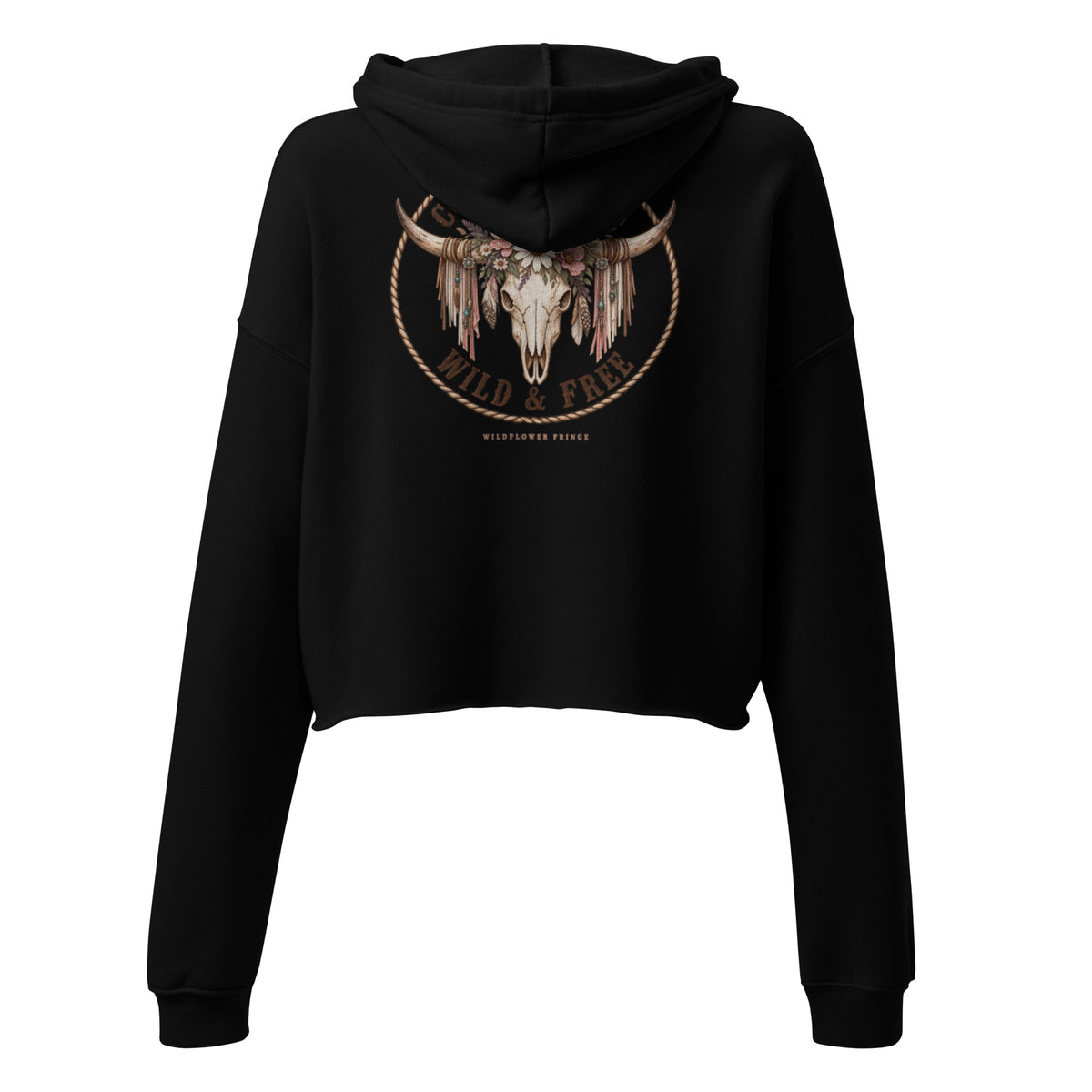 Back of black cropped hoodie with Wild & Free Western longhorn skull and floral graphic