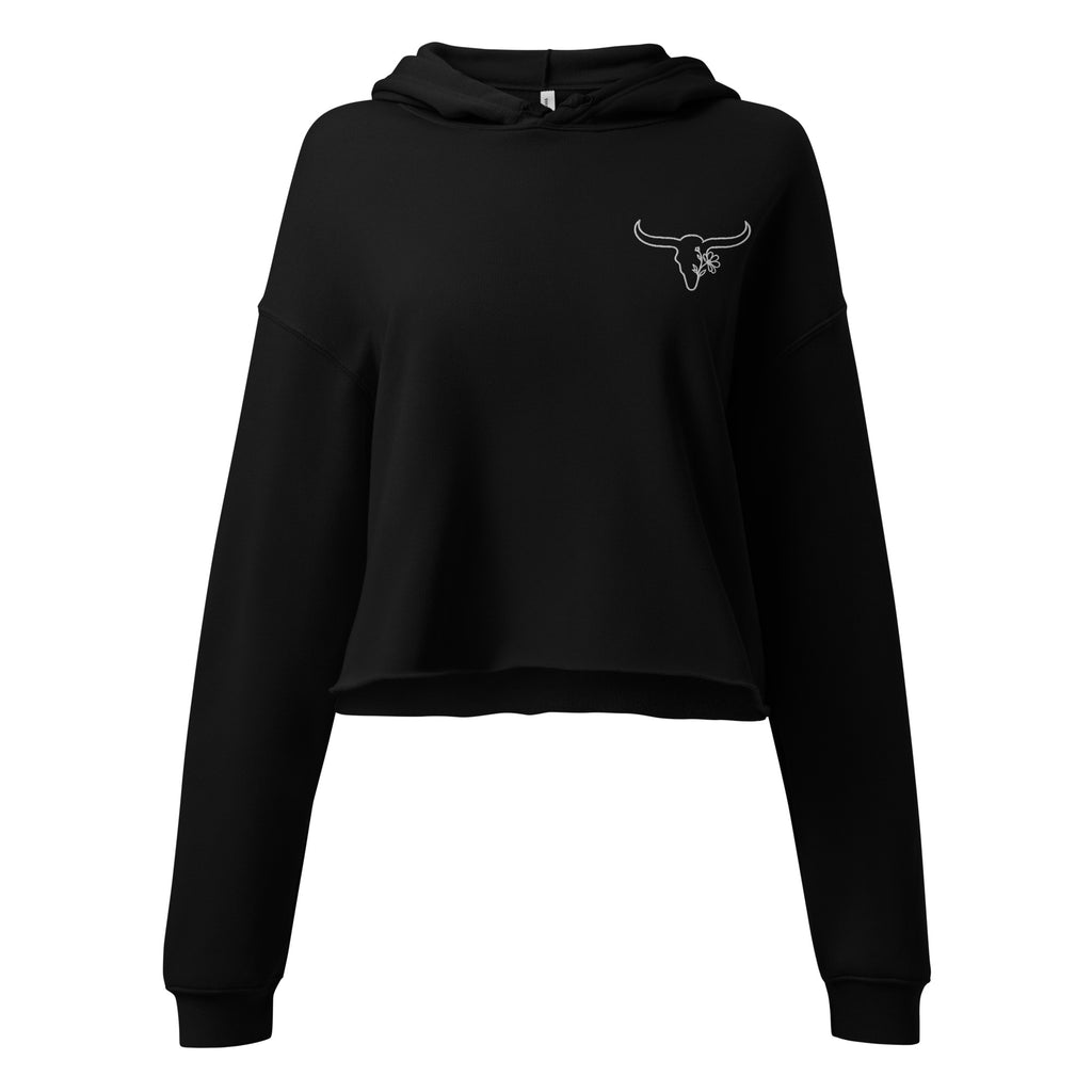 Black cropped hoodie with embroidered Wildflower Fringe longhorn logo on the front
