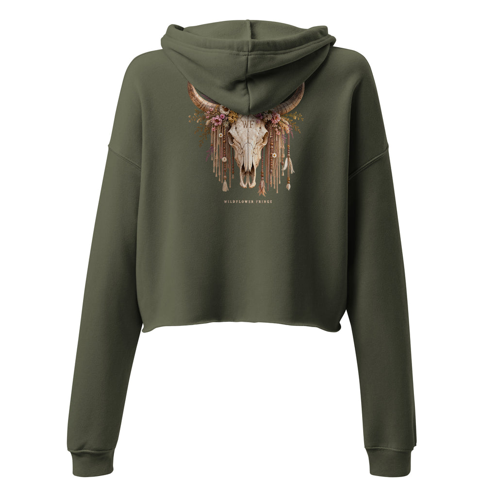 Back view of olive green cropped hoodie with Wildflower Fringe floral longhorn skull graphic