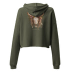 Back view of olive green cropped hoodie with Wildflower Fringe floral longhorn skull graphic