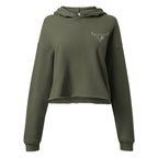 Olive green cropped hoodie with embroidered Wildflower Fringe longhorn logo on the front