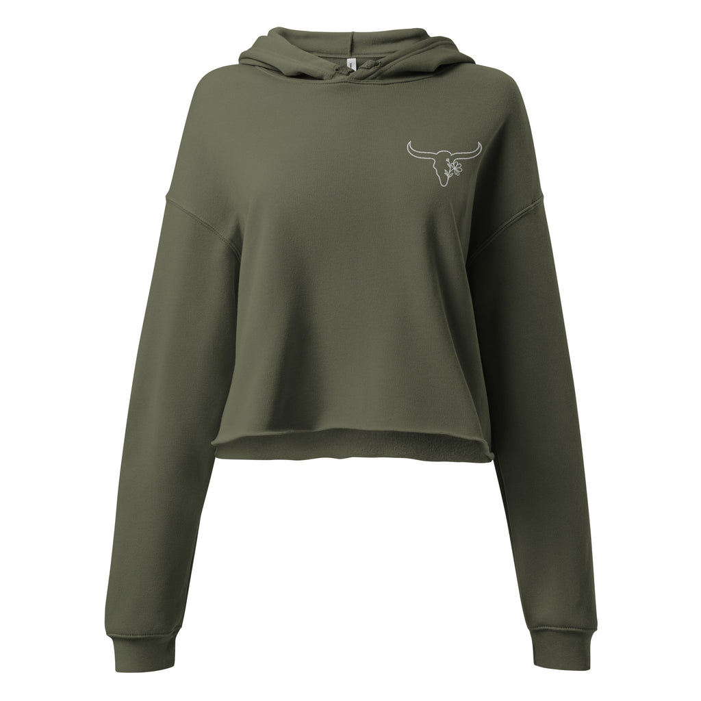 Olive green cropped hoodie with embroidered Wildflower Fringe longhorn logo on the front