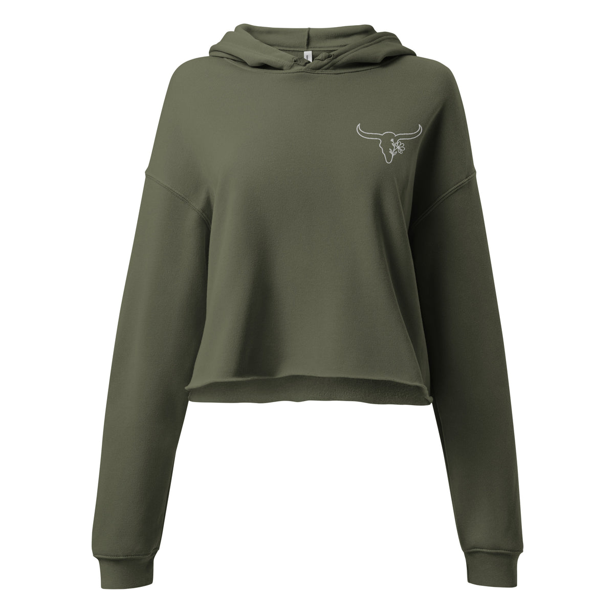Olive green cropped hoodie with embroidered Wildflower Fringe longhorn logo on the front
