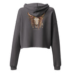 Back view of storm gray cropped hoodie with Wildflower Fringe floral longhorn skull graphic