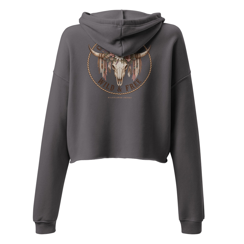 Back of storm cropped hoodie with Wild & Free Western longhorn skull and floral graphic