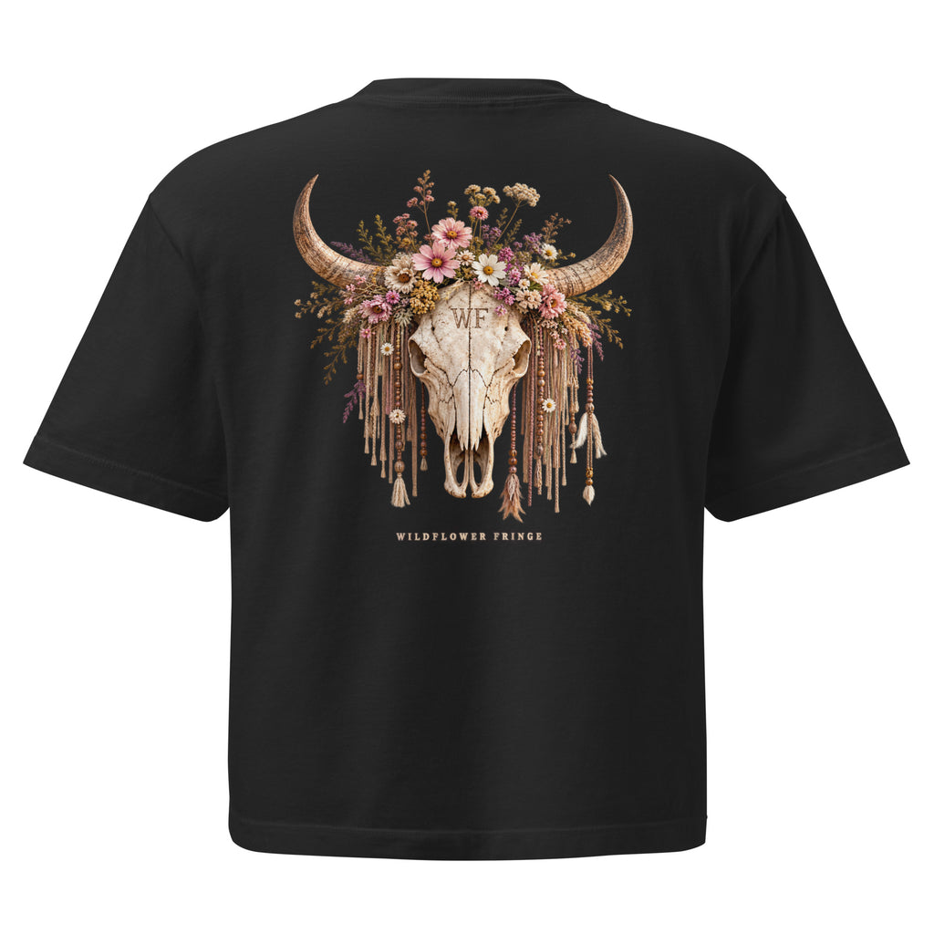 Back of black oversized T-shirt with Wildflower Fringe floral longhorn skull graphic