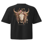 Back of black oversized T-shirt with Wildflower Fringe floral longhorn skull graphic