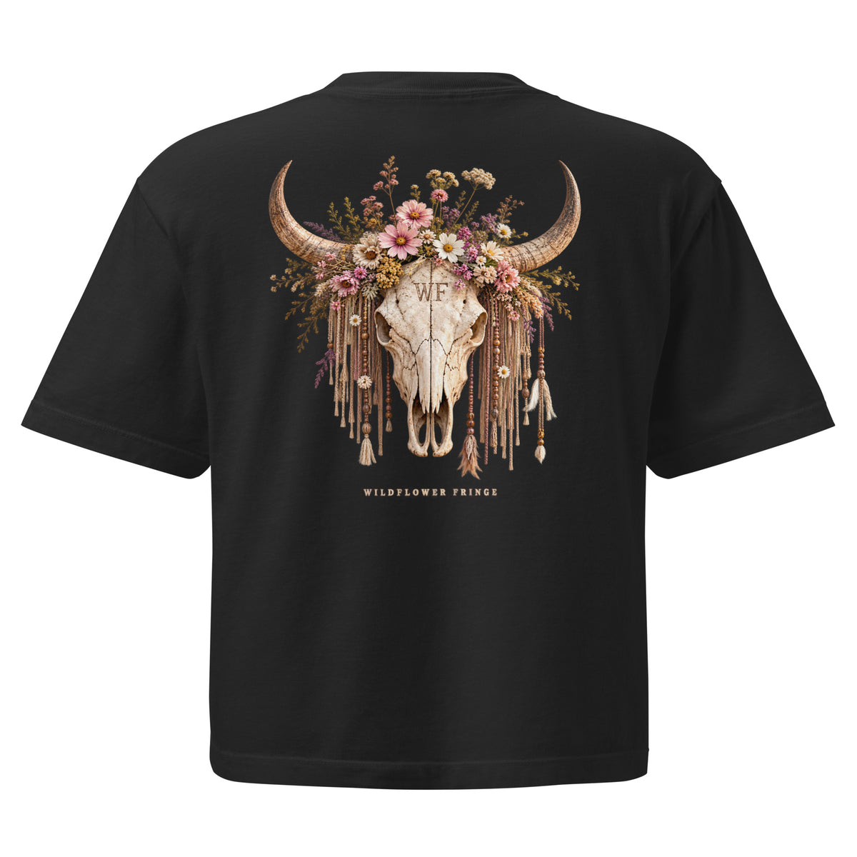 Back of black oversized T-shirt with Wildflower Fringe floral longhorn skull graphic