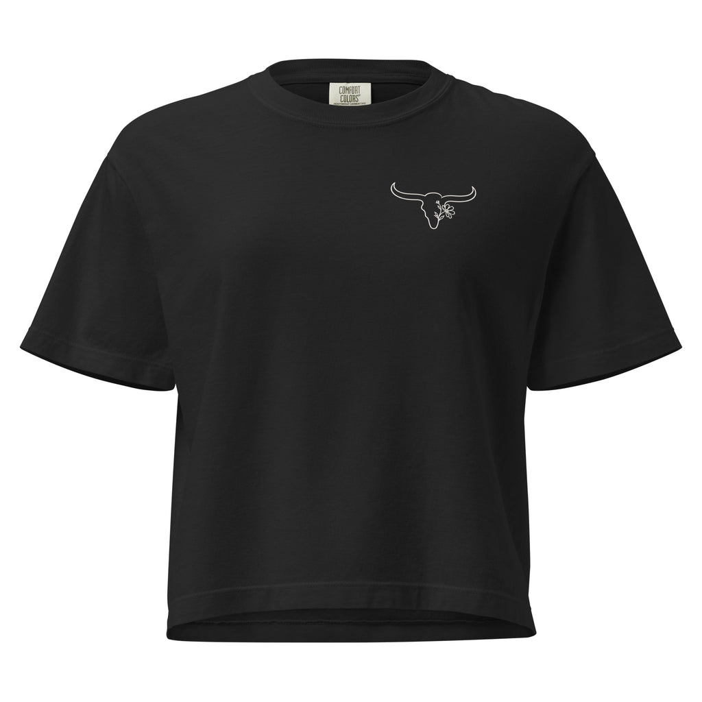 Black oversized T-shirt with embroidered Wildflower Fringe longhorn logo on the front