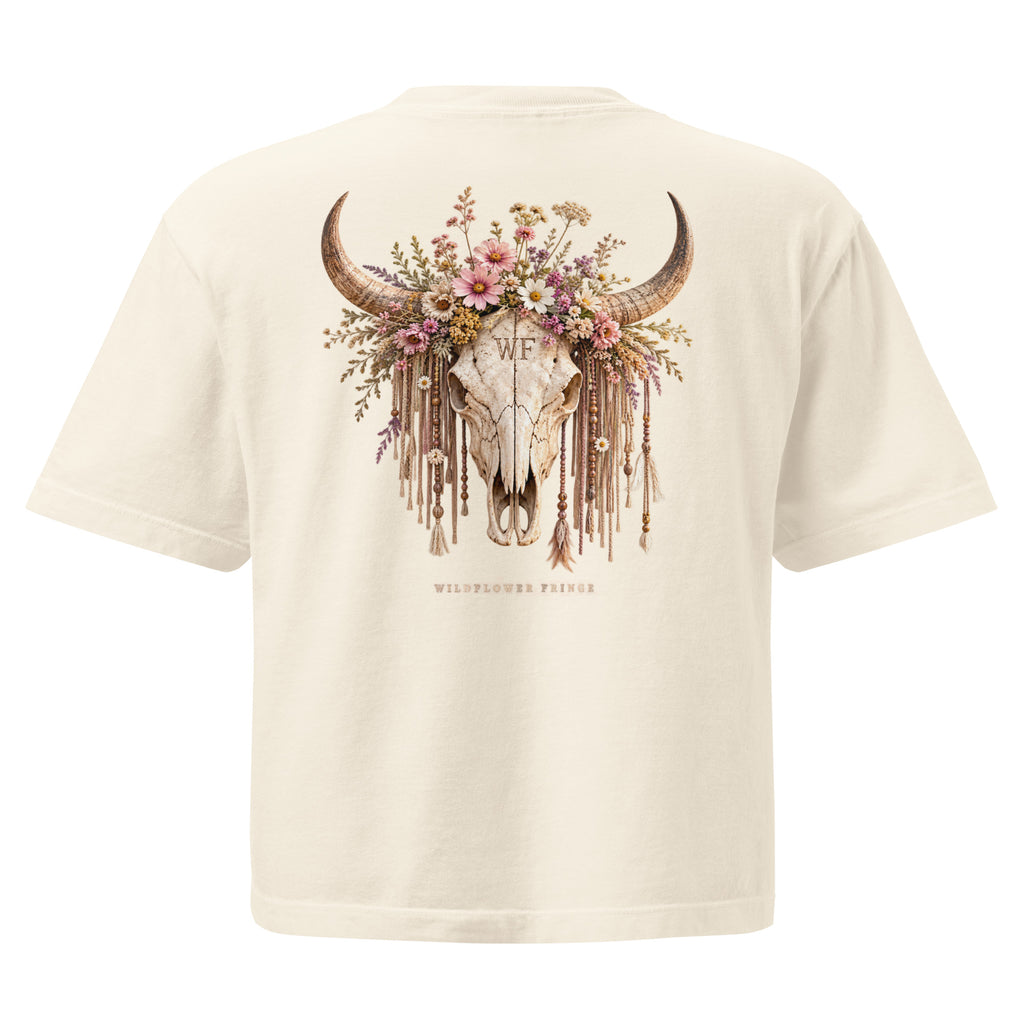 Back of baige oversized T-shirt with Wildflower Fringe floral longhorn skull graphic