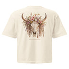 Back of baige oversized T-shirt with Wildflower Fringe floral longhorn skull graphic