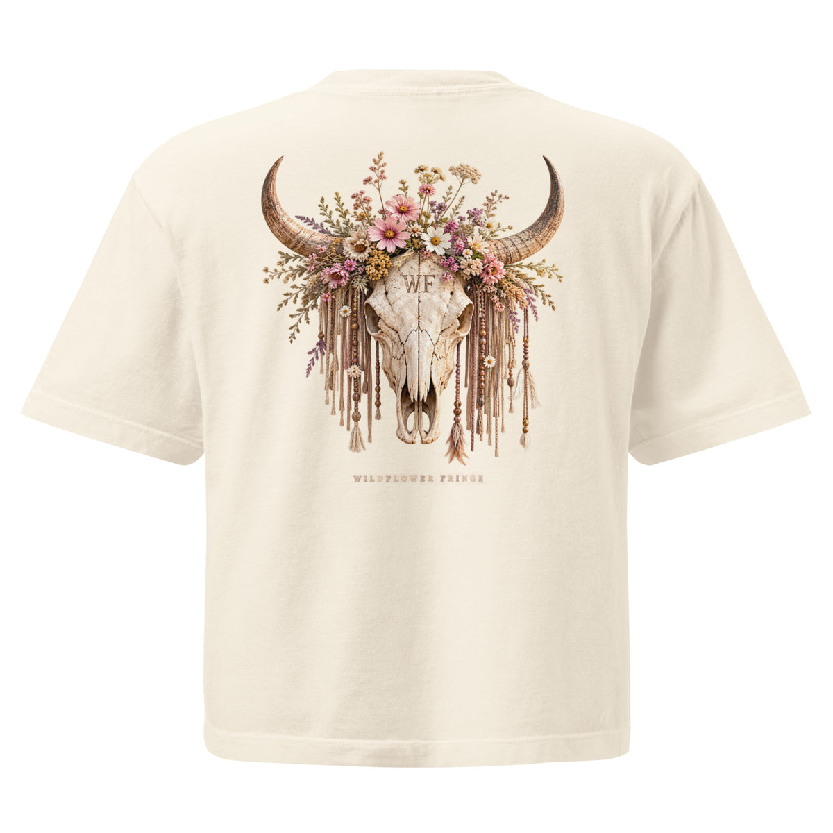 Back of baige oversized T-shirt with Wildflower Fringe floral longhorn skull graphic