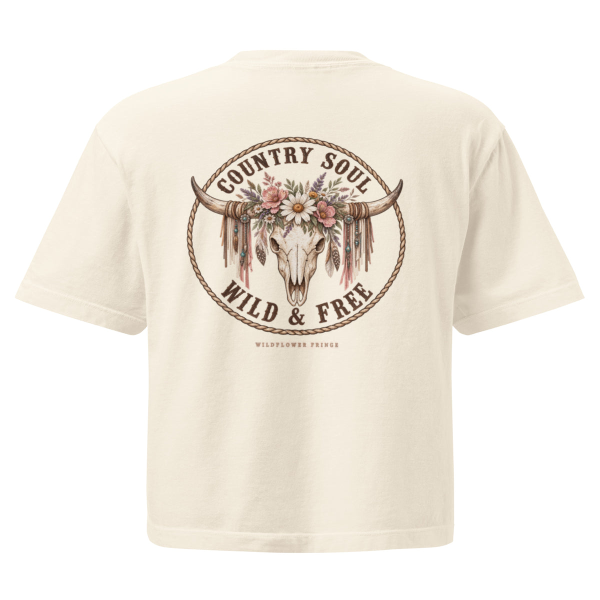 An off-white short-sleeve t-shirt showing the back graphic, which features a circular design with a longhorn skull decorated with flowers and feathers, surrounded by the text 'COUNTRY SOUL WILD & FREE'.