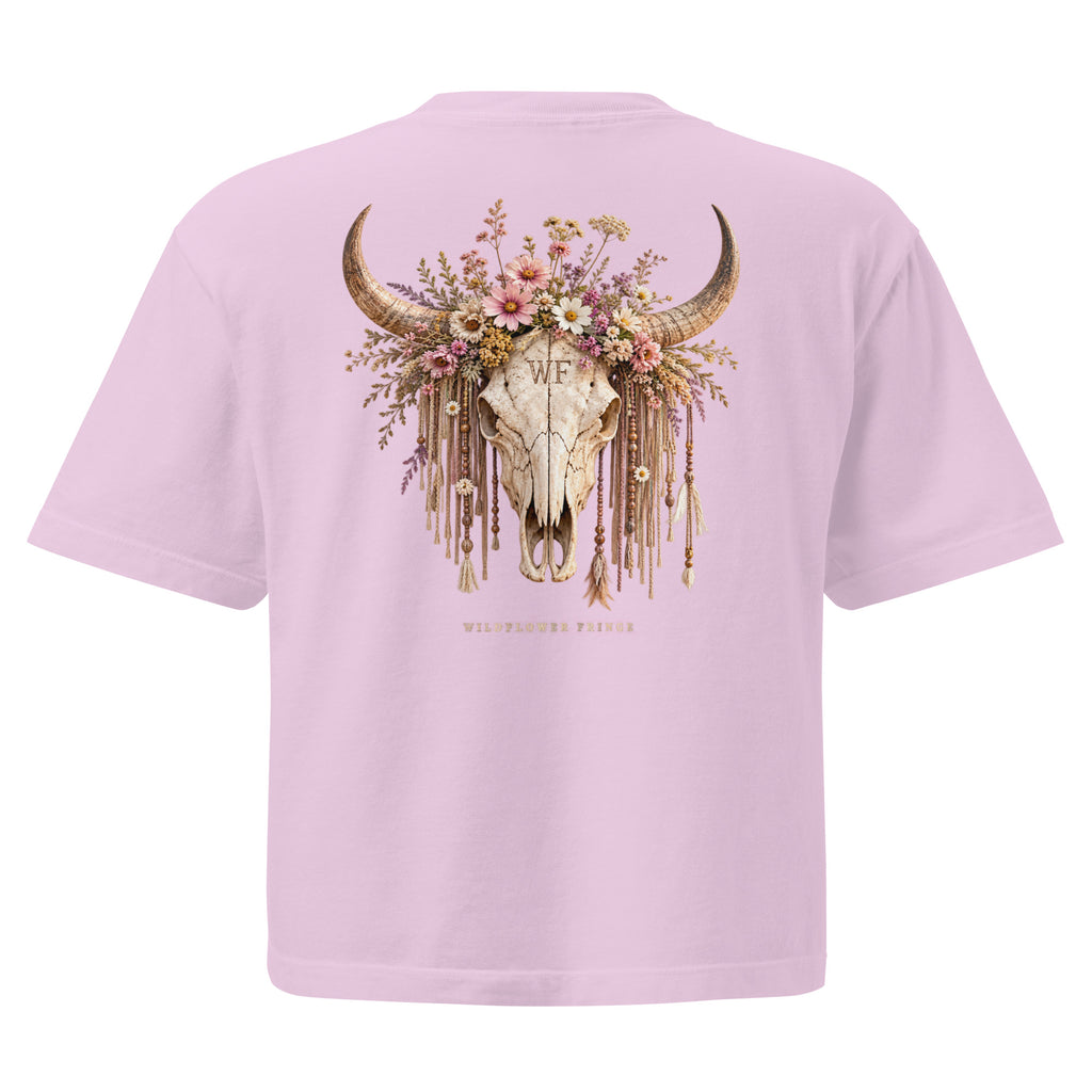 Back of pink oversized T-shirt with Wildflower Fringe floral longhorn skull graphic