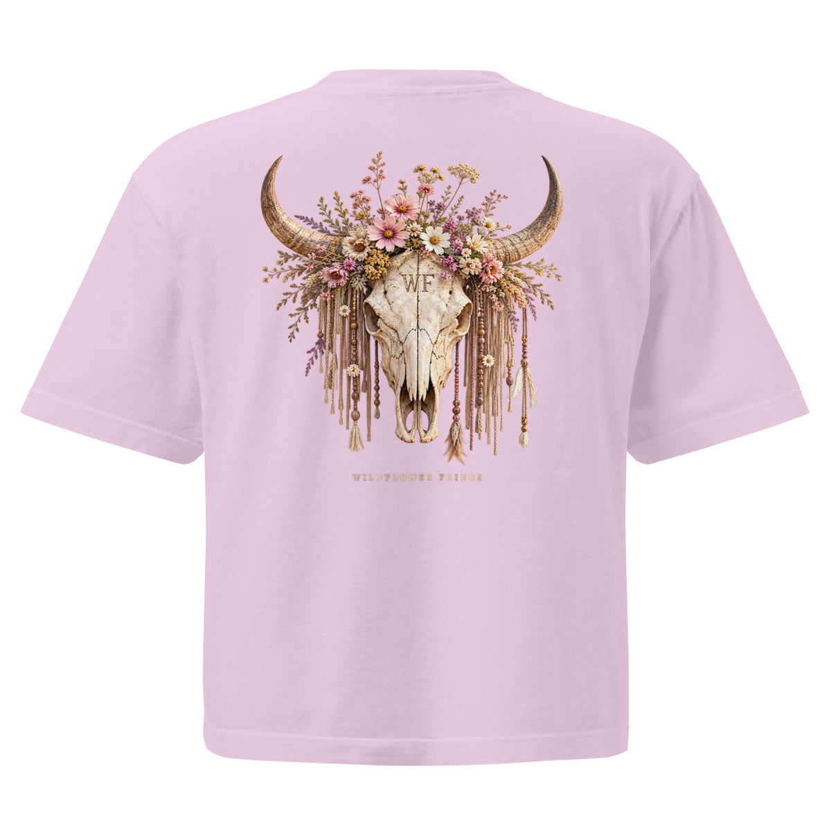 Back of pink oversized T-shirt with Wildflower Fringe floral longhorn skull graphic