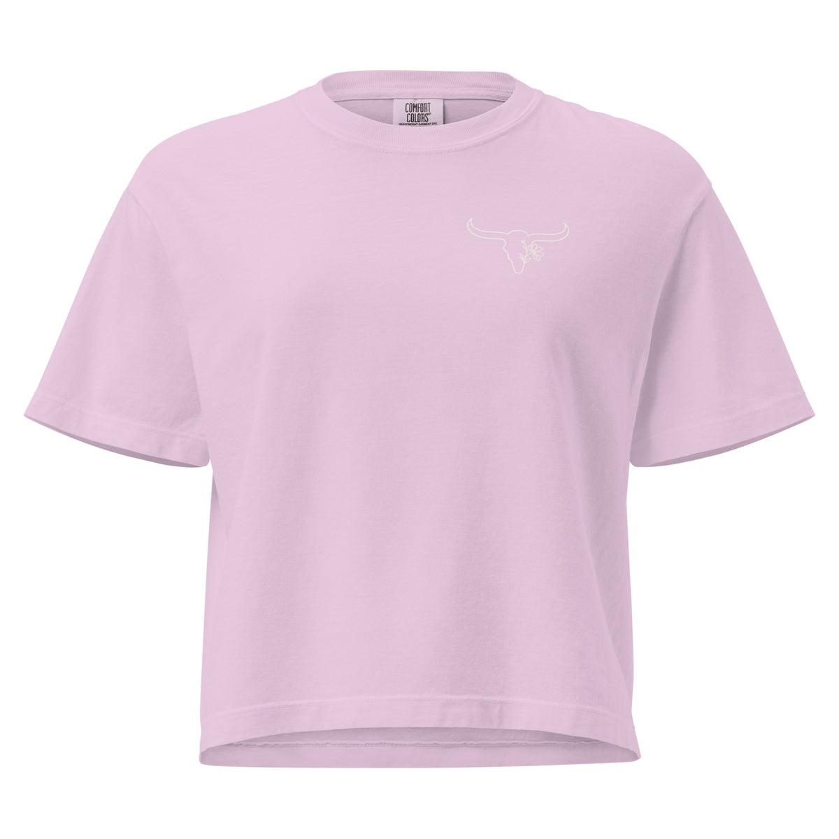 Pink cropped boxy tee with Wildflower Fringe embroidered front logo