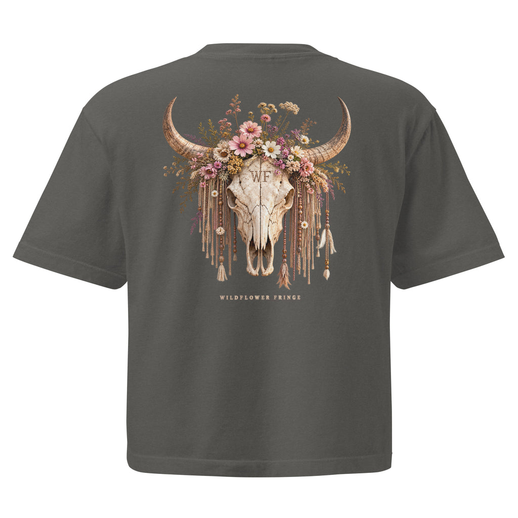 Back of dark gray oversized T-shirt with Wildflower Fringe floral longhorn skull graphic