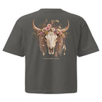Back of dark gray oversized T-shirt with Wildflower Fringe floral longhorn skull graphic