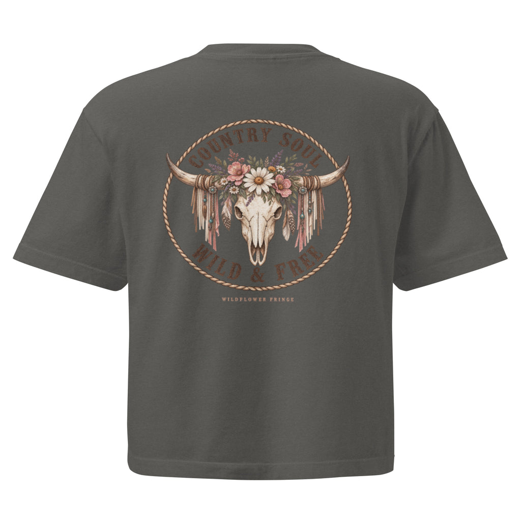 Pepper cropped boxy tee with Wild & Free floral longhorn skull back print