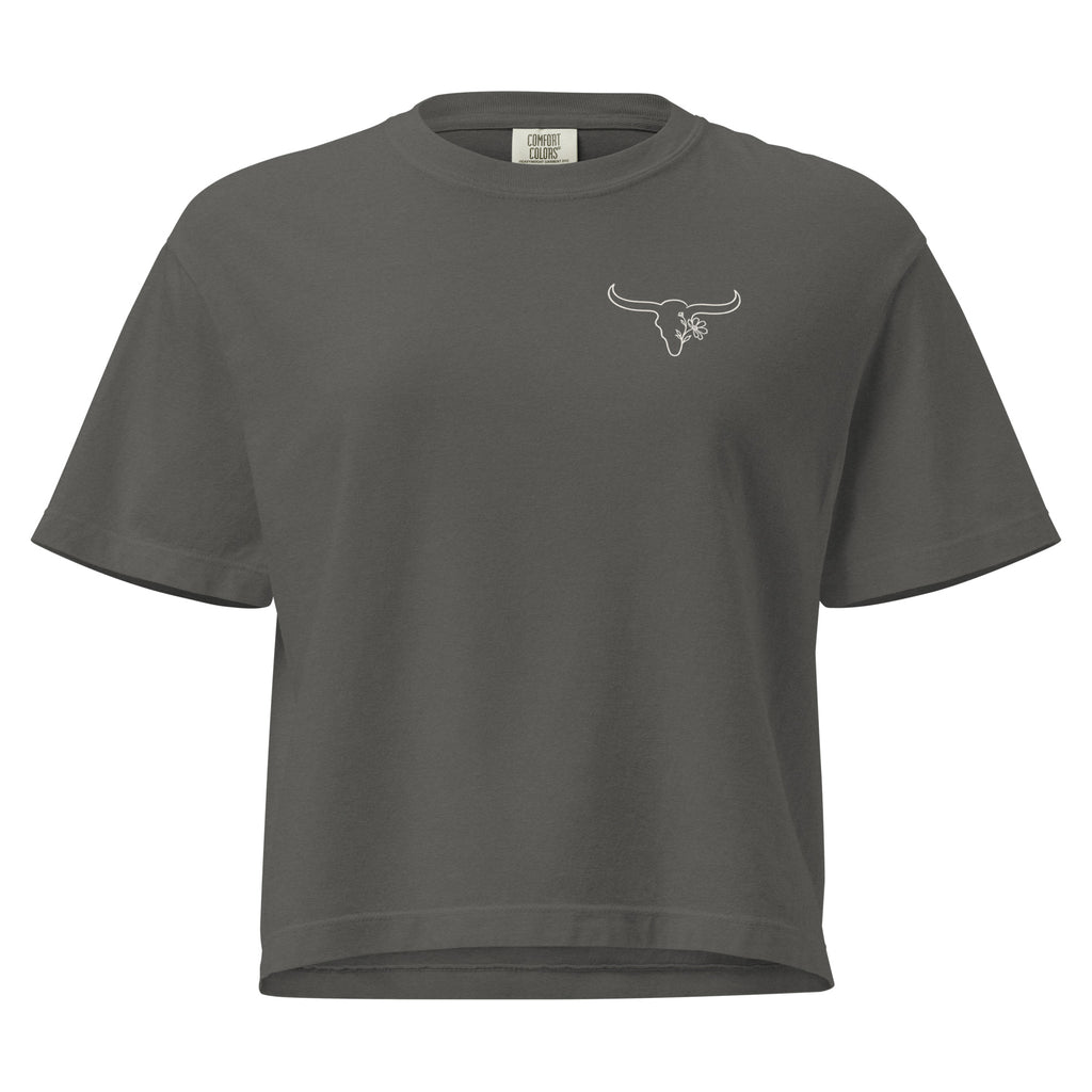 Darl gray oversized T-shirt with embroidered Wildflower Fringe longhorn logo on the front