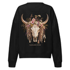 Back of black organic sweatshirt with Wildflower Fringe floral longhorn skull graphic