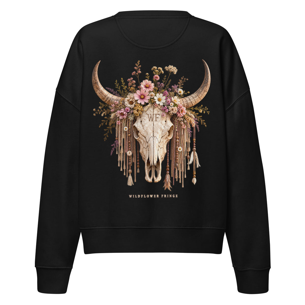 Back of black organic sweatshirt with Wildflower Fringe floral longhorn skull graphic