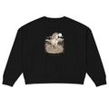 A black crewneck sweatshirt shown from the back, featuring a detailed graphic print of a white horse running through a field of flowers under a full moon.