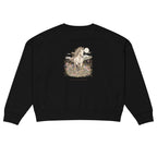 A black crewneck sweatshirt shown from the back, featuring a detailed graphic print of a white horse running through a field of flowers under a full moon.