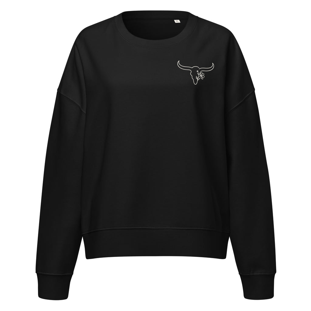 A black crewneck sweatshirt with a small white 'SICK WOLF' graphic printed on the left chest, displayed on a clean white background.