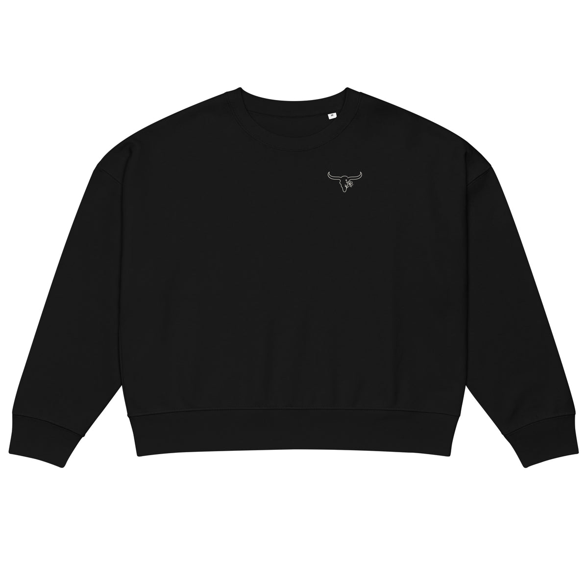 Black sweatshirt with a small logo on a white background