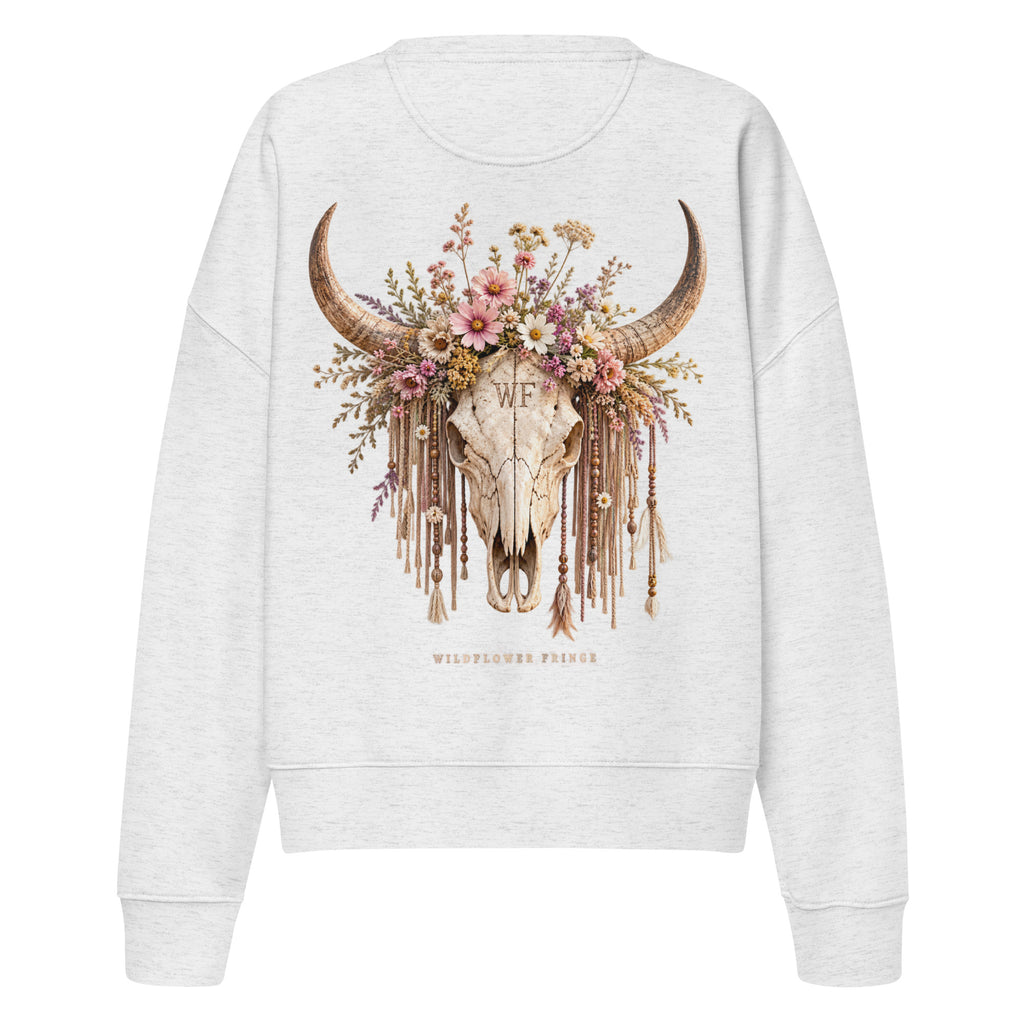 Back of grey organic sweatshirt with Wildflower Fringe floral longhorn skull graphic