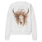 Back of grey organic sweatshirt with Wildflower Fringe floral longhorn skull graphic