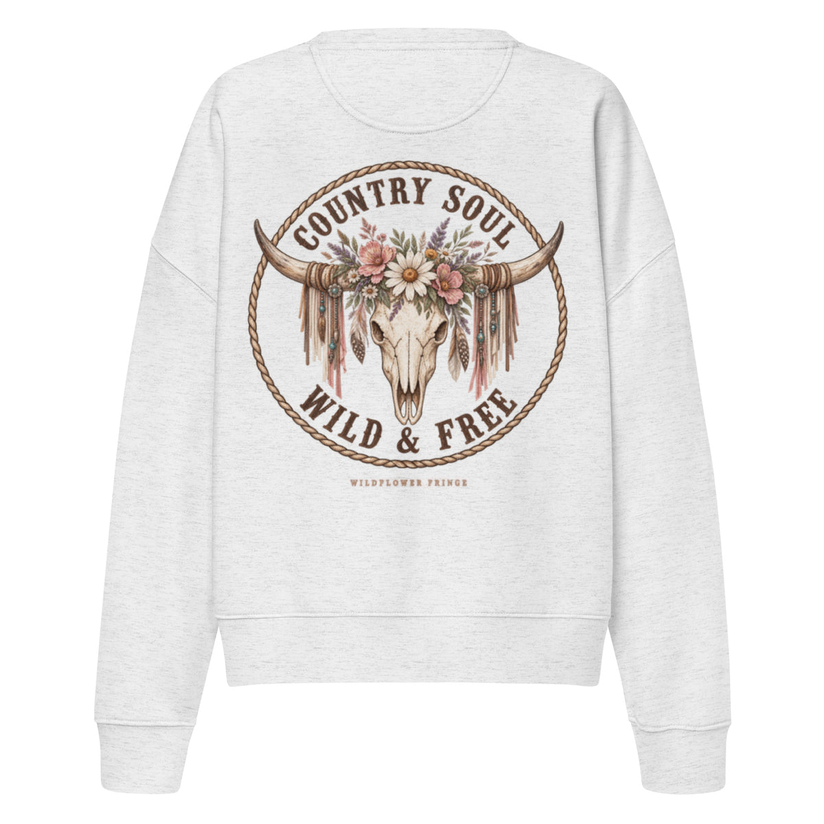 Gray country Soul sweatshirt with Wild & Free floral longhorn skull back print