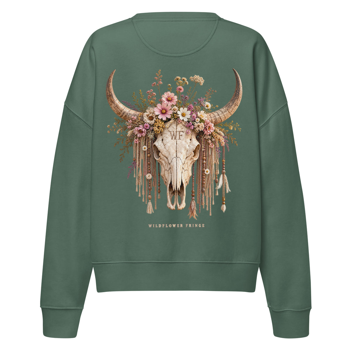 Back of green organic sweatshirt with Wildflower Fringe floral longhorn skull graphic