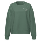 Green organic sweatshirt with embroidered Wildflower Fringe longhorn logo on the front