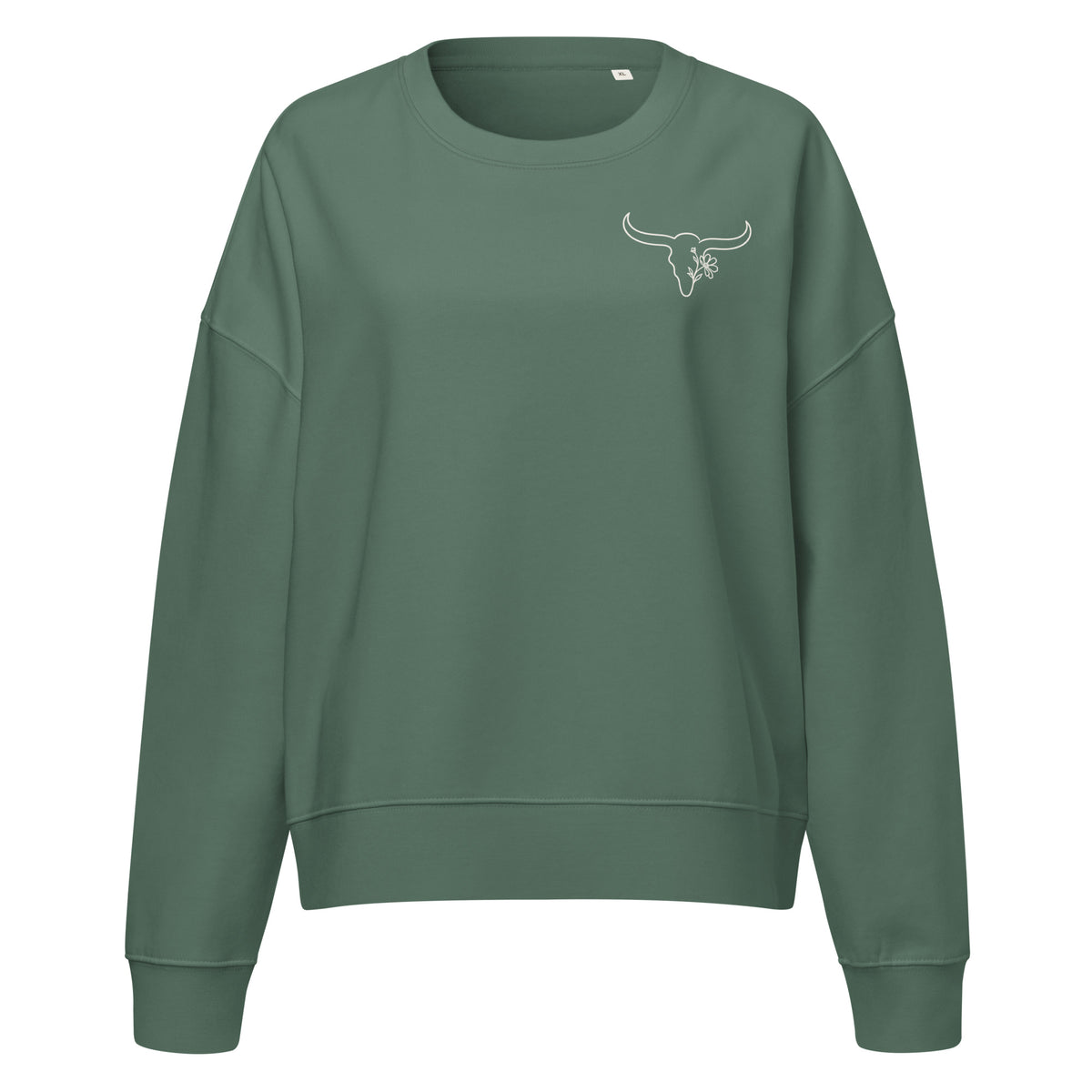 Green organic sweatshirt with embroidered Wildflower Fringe longhorn logo on the front